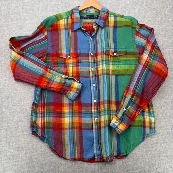 VTG Polo Ralph Lauren Madras Plaid Linen Shirt Men XXL Multicolor Prep Summer - Picture 2 of 9